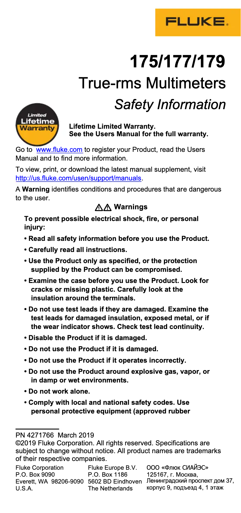 Página 1 del manual Instrucciones de seguridad Fluke 179