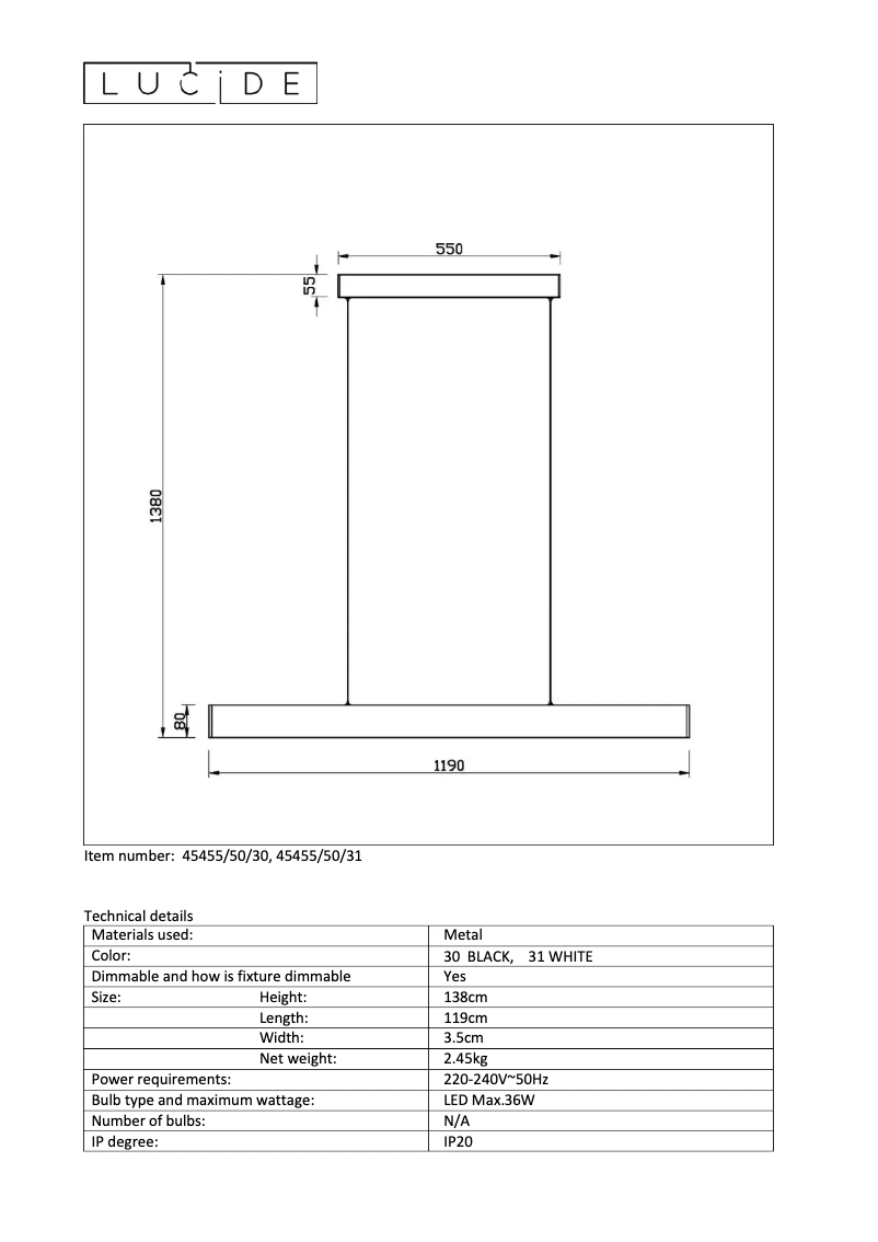 Página 1 del manual Manual de usuario Lucide Raya led 45455/50/30