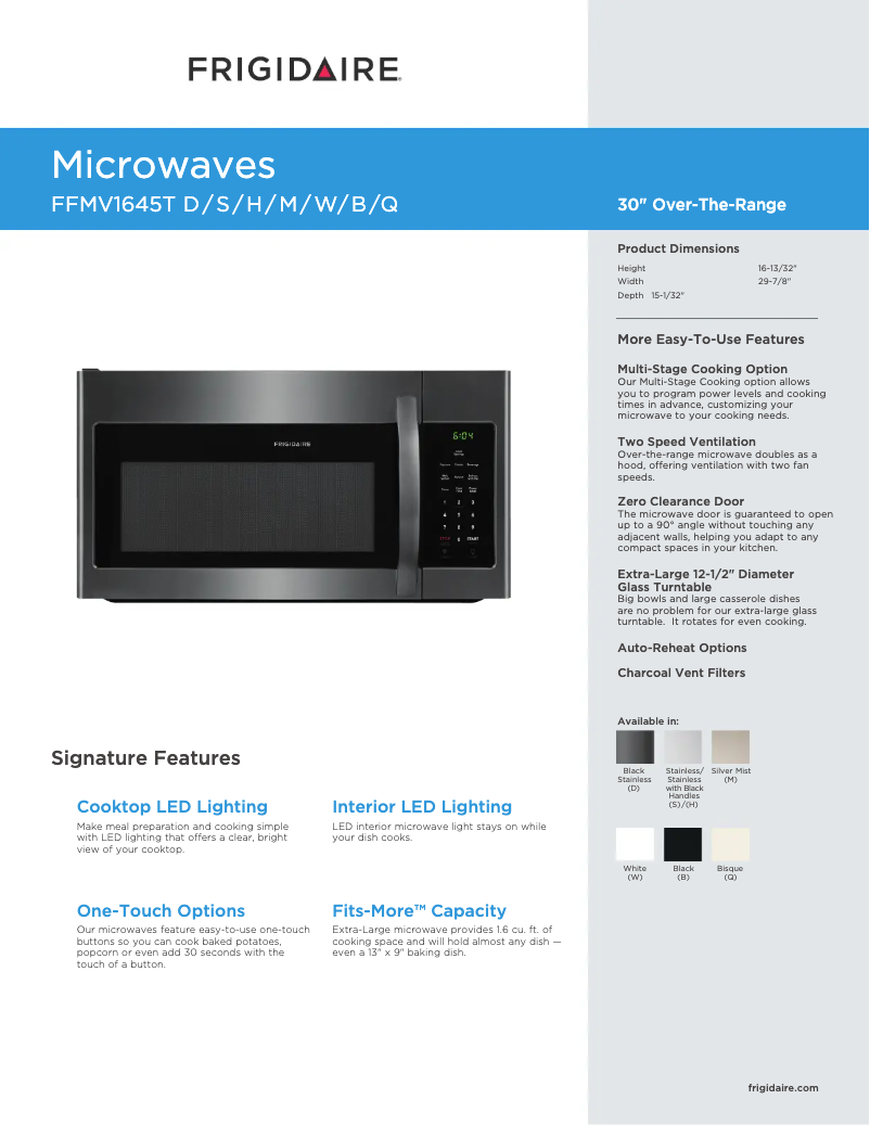 Página 1 del manual Ficha técnica Frigidaire FFMV1645TS