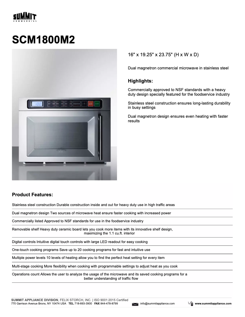 Página 1 del manual Ficha técnica Summit SCM1800M2
