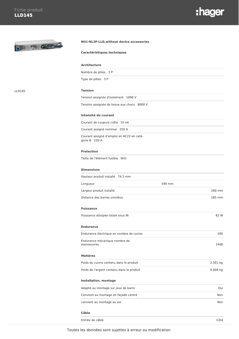 Página 1 del manual Ficha técnica Hager LLD145