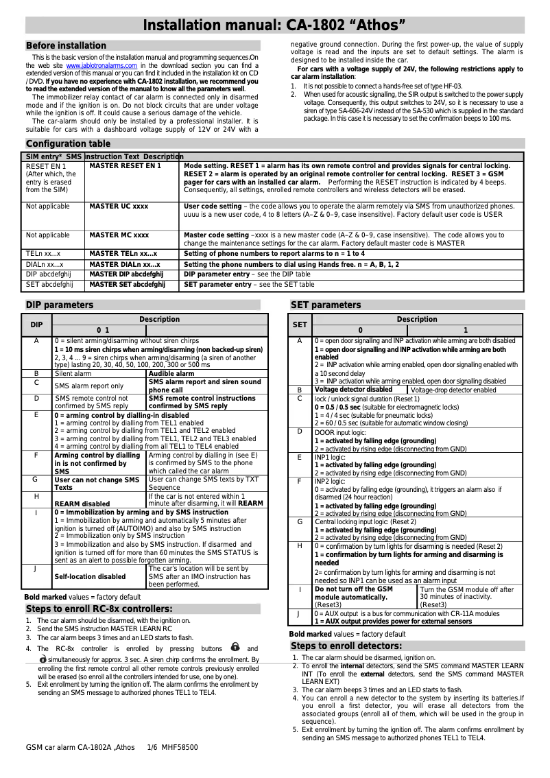 Imagen de la primera página del manual del dispositivo CA-1802 Athos