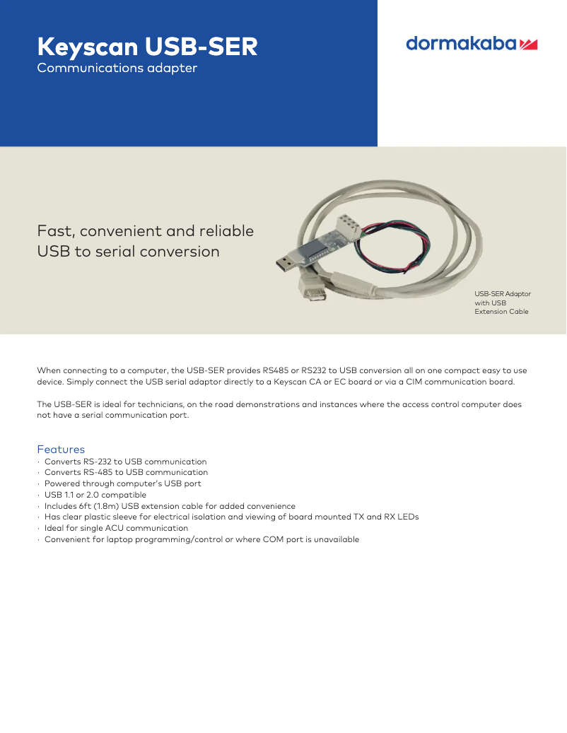 Imagen de la primera página del manual del dispositivo Keyscan USB-SER