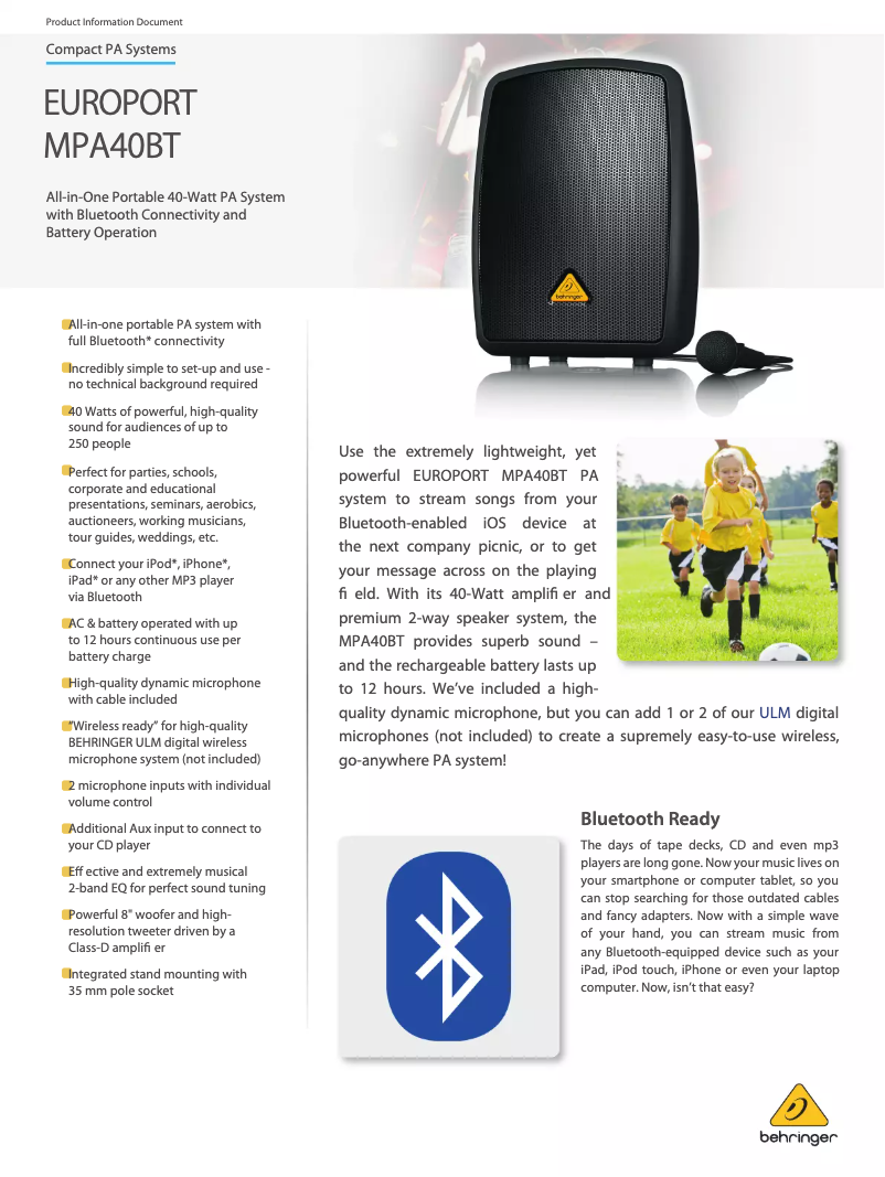 Página 1 del manual Ficha técnica Behringer Europort MPA40BT