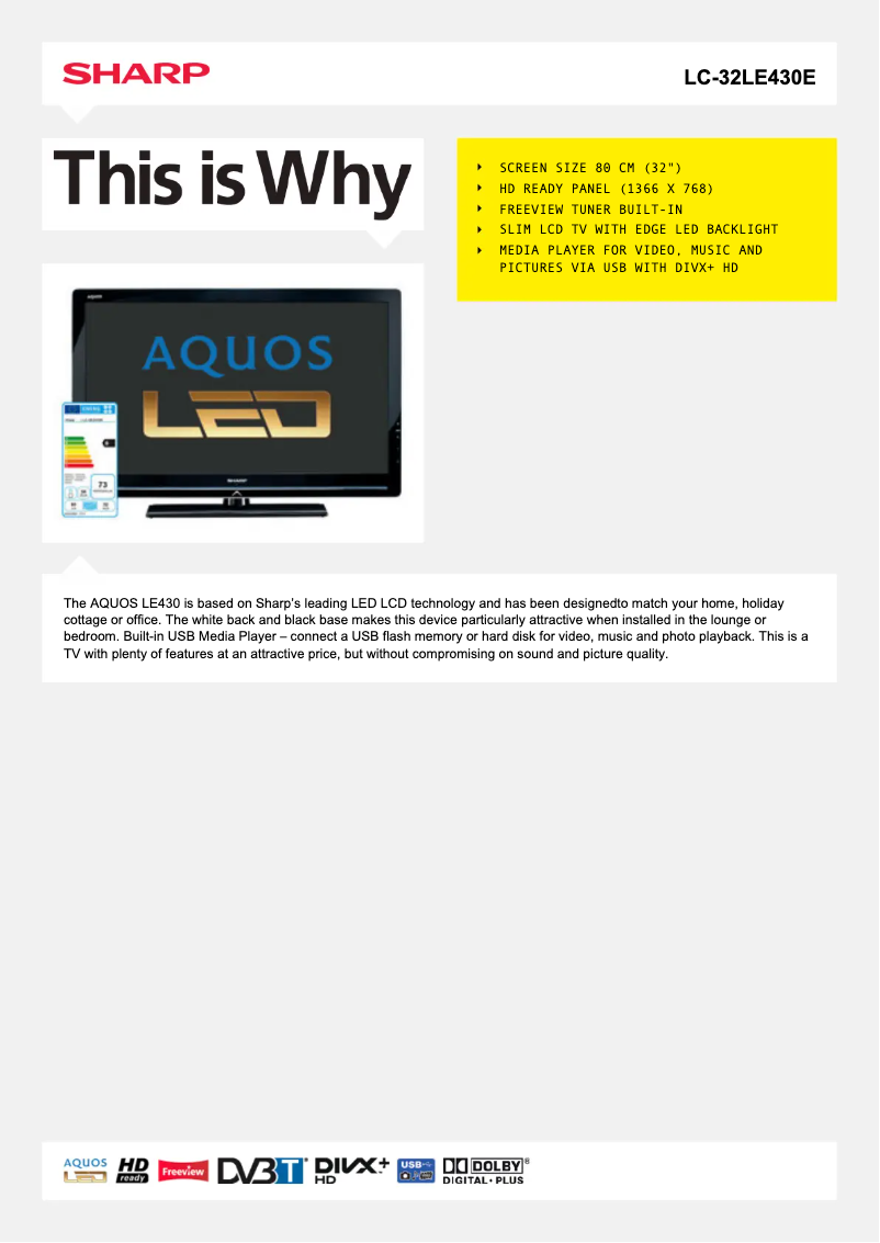 Imagen de la primera página del manual del dispositivo LC-32LE430E