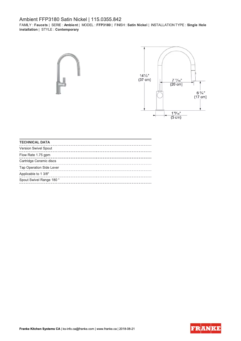 Página 1 del manual Ficha técnica Franke FFP3180