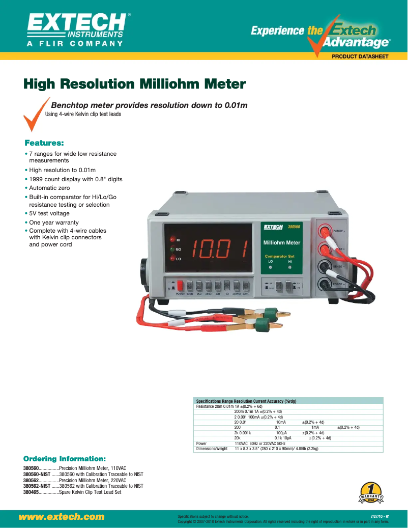 Página 1 del manual Ficha técnica Extech 380562