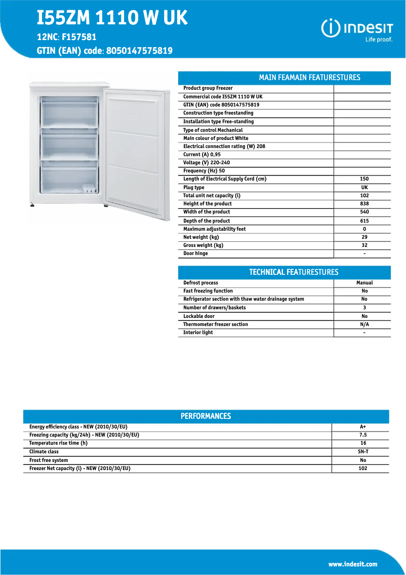 Página 1 del manual Ficha técnica Indesit I55ZM 1110 W UK