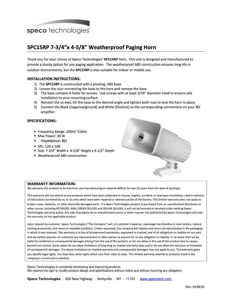 Página 1 del manual Manual de usuario Speco Technologies SPC15RP