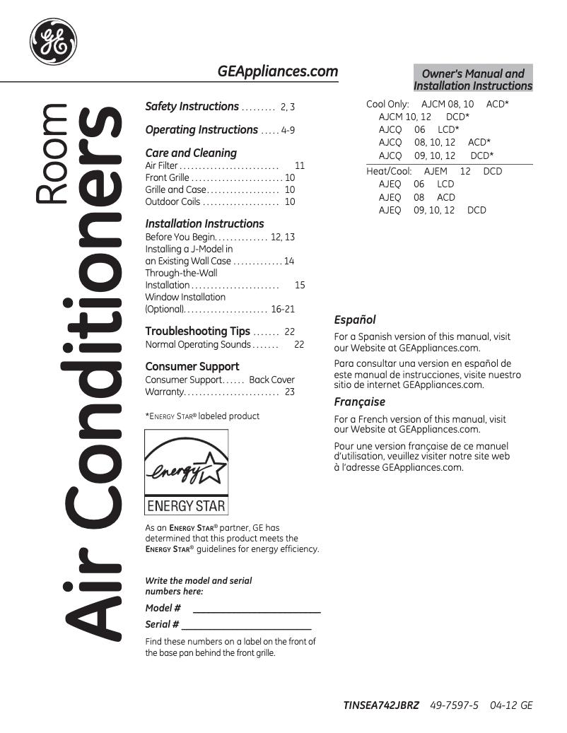 Página 1 del manual Guía de instalación GE AJCQ10ACD