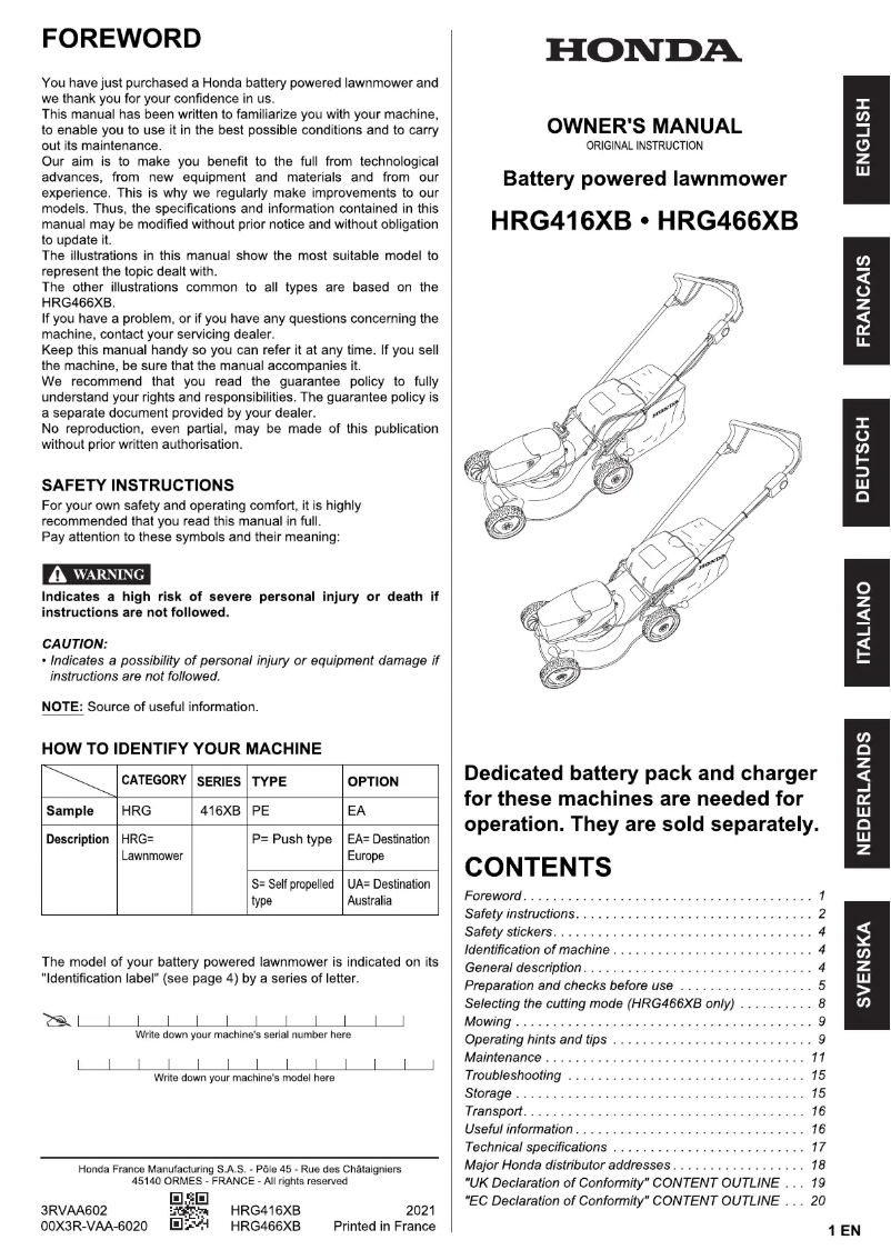 Página nº 1 - Manual de usuario Honda HRG466XB