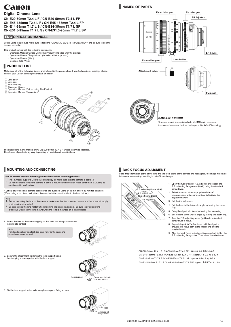 Imagen de la primera página del manual del dispositivo CN-E14-35mm T1.7 L SP