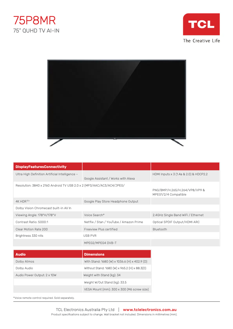 Página 1 del manual Ficha técnica TCL 75P8MR