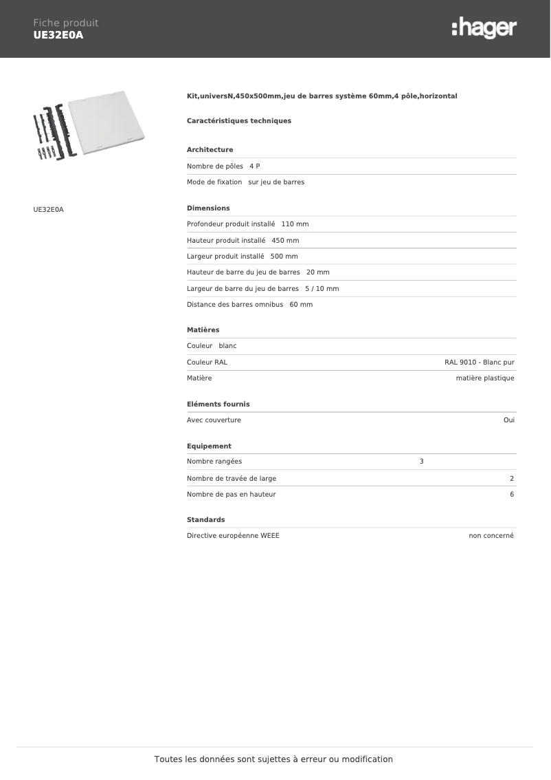 Página 1 del manual Ficha técnica Hager UE32E0A