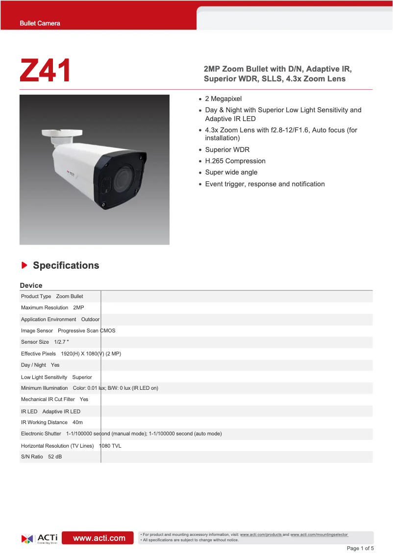 Página 1 del manual Ficha técnica ACTi Z41
