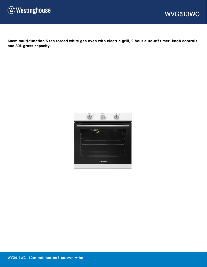 Página 1 del manual Ficha técnica Westinghouse WVG613WCNG
