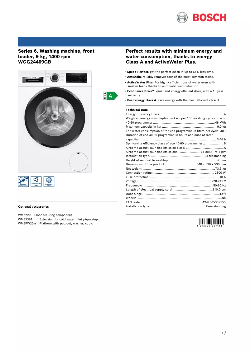 Página 1 del manual Ficha técnica Bosch Serie 6 WGG24409GB