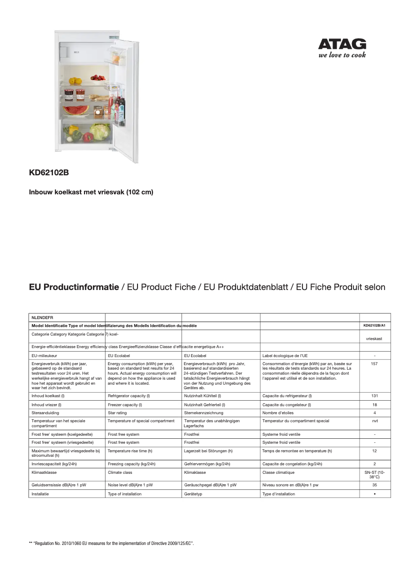 Página 1 del manual Ficha técnica Atag KD62140B