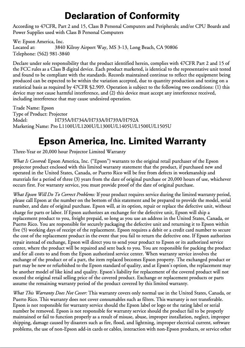 Página 1 del manual Información de garantía Epson Pro L1405U