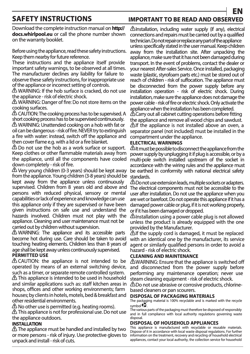 Página 1 del manual Manual de uso y mantenimiento Whirlpool AKT 8330/LX