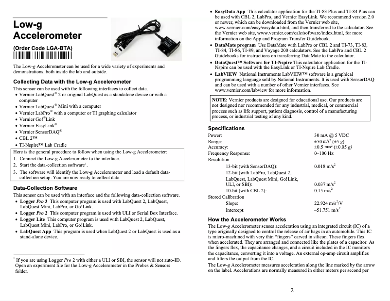Imagen de la primera página del manual del dispositivo Low-G Accelerometer