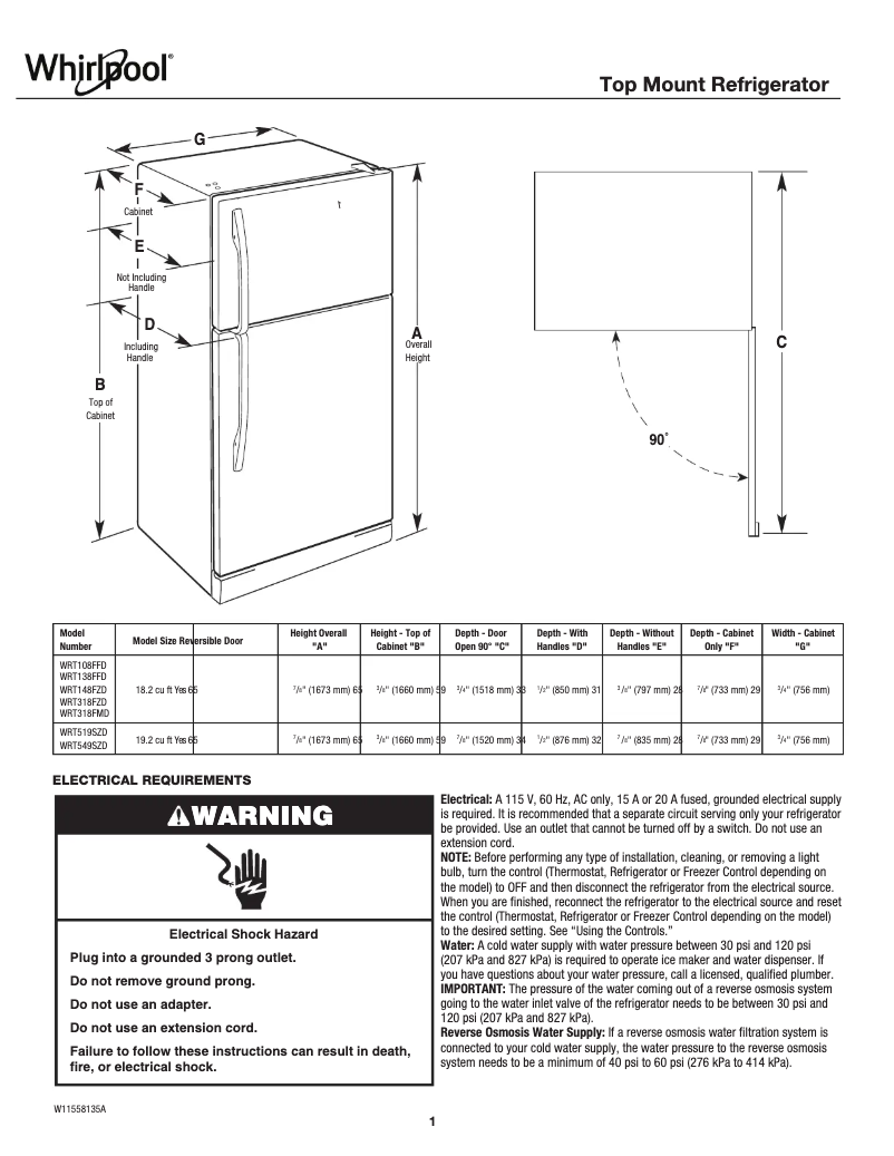 Imagen de la primera página del manual del dispositivo WRT138FFDW