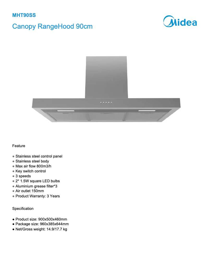 Página 1 del manual Ficha técnica Midea MHT90SS
