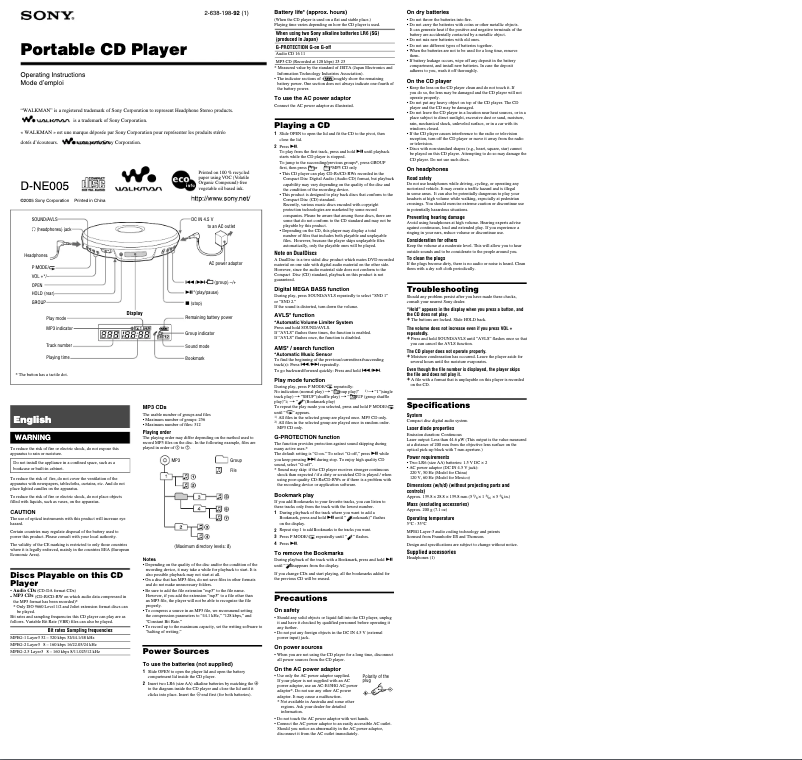 Imagen de la primera página del manual del dispositivo Walkman D-NE005