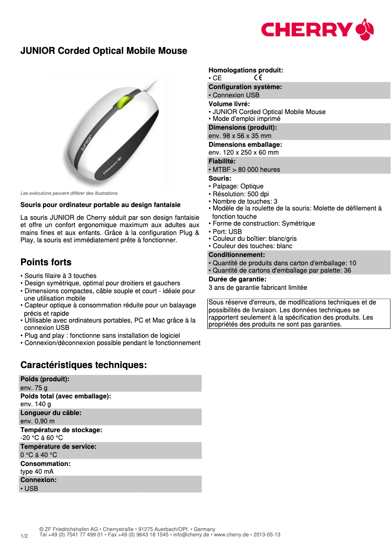 Página 1 del manual Ficha técnica Cherry JUNIOR M-T1000