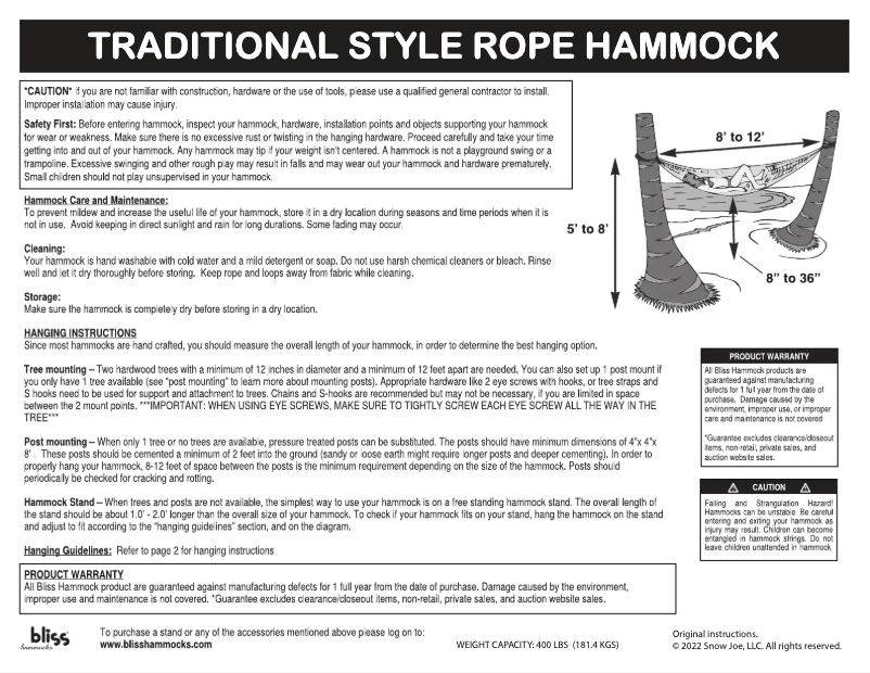 Página 1 del manual Manual de usuario Bliss Hammocks BH-400RP