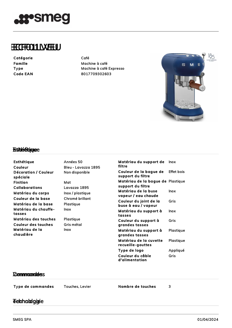 Página 1 del manual Ficha técnica Smeg ECF01