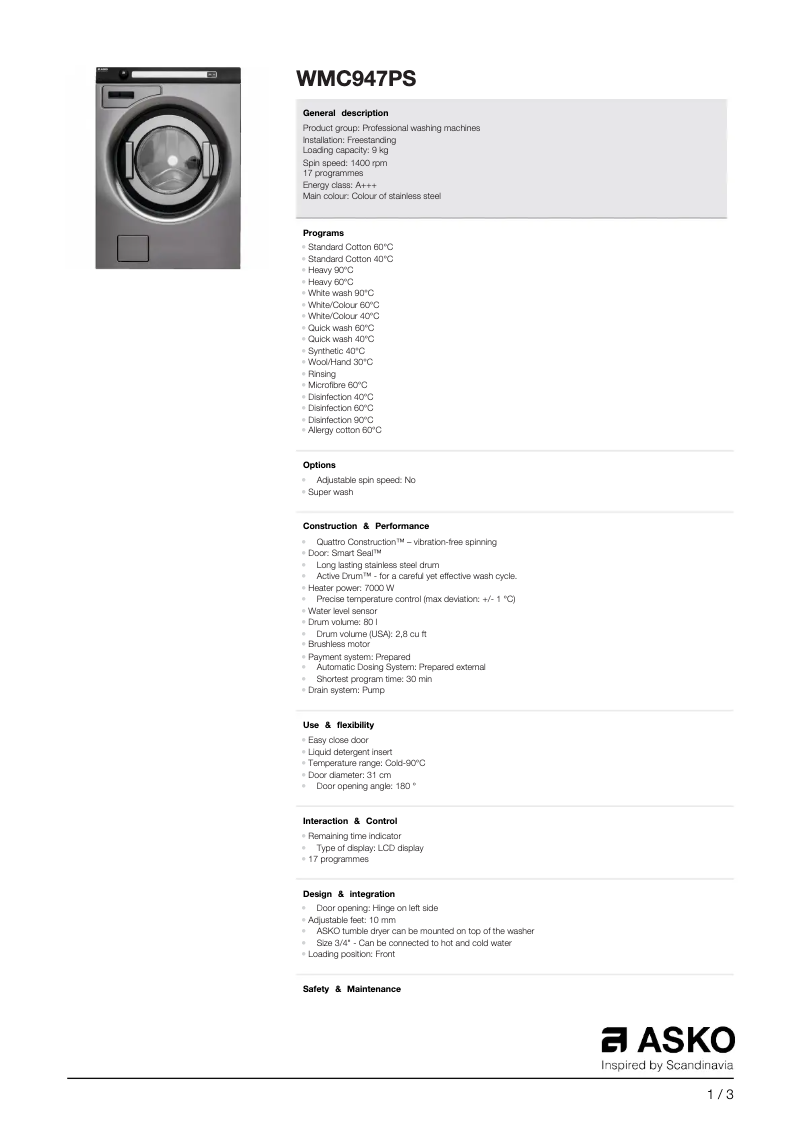 Página nº 1 - Ficha técnica Asko WMC947PS