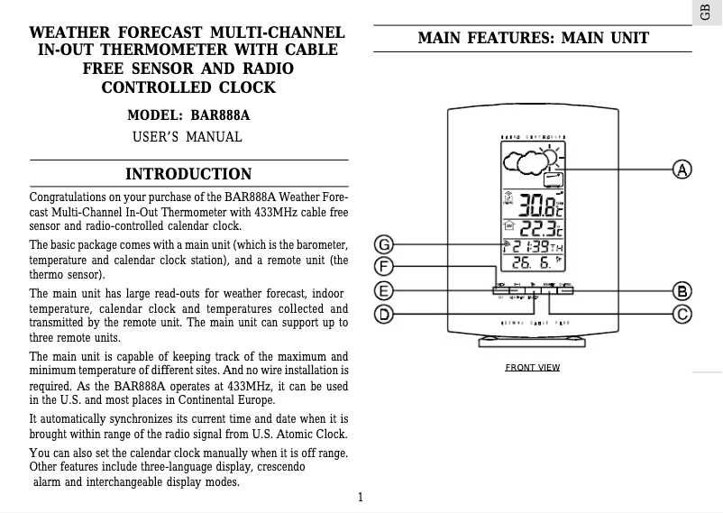 Imagen de la primera página del manual del dispositivo BAR 888A