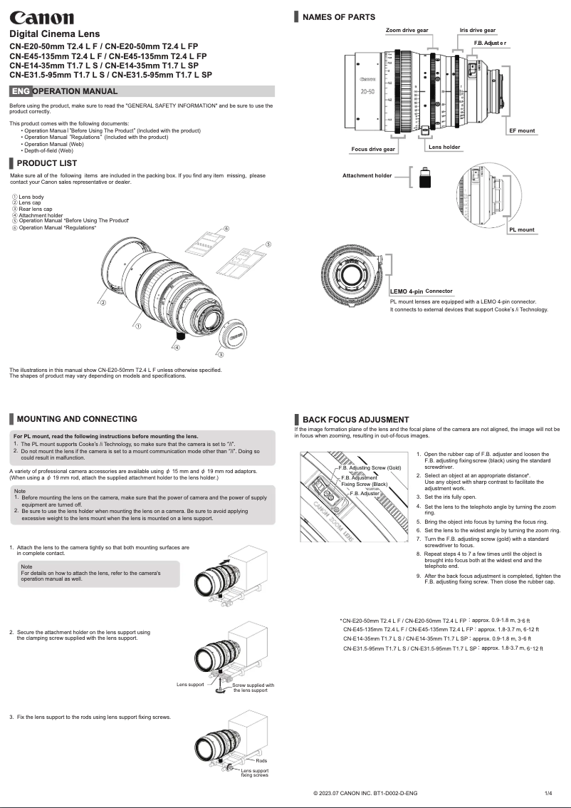 Imagen de la primera página del manual del dispositivo CN-E20-50mm T2.4 L FP
