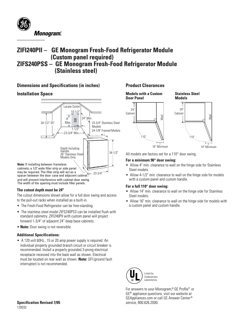 Página 1 del manual Ficha técnica GE ZIFS240PLSS