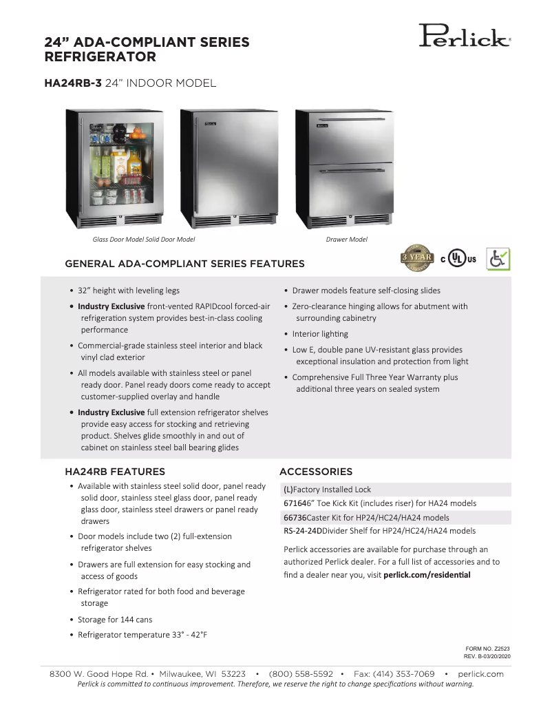 Página nº 1 - Ficha técnica Perlick ADA CompliantHA24RB-3-2L
