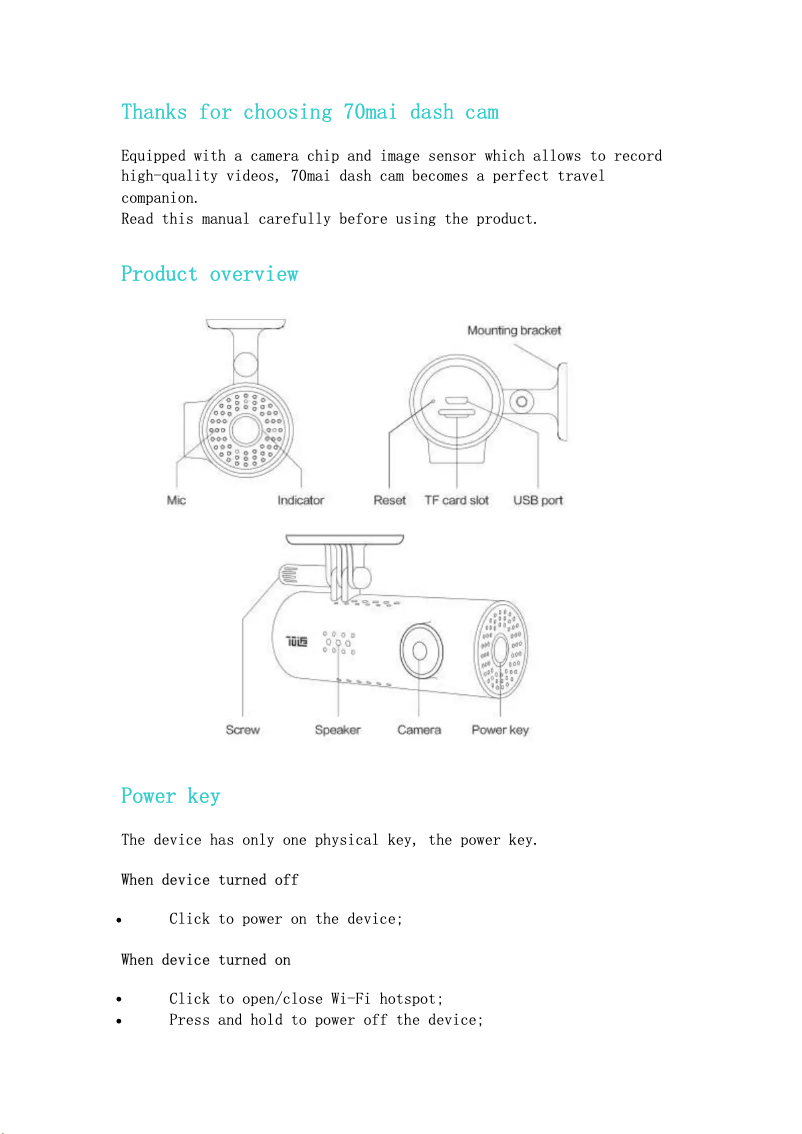 Imagen de la primera página del manual del dispositivo 70mai Dash Cam A400