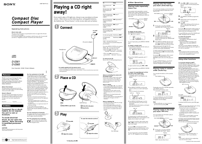 Imagen de la primera página del manual del dispositivo Discman D-E561