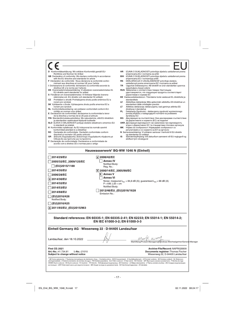 Página 1 del manual Manual de usuario Einhell BG-WW 1046 N