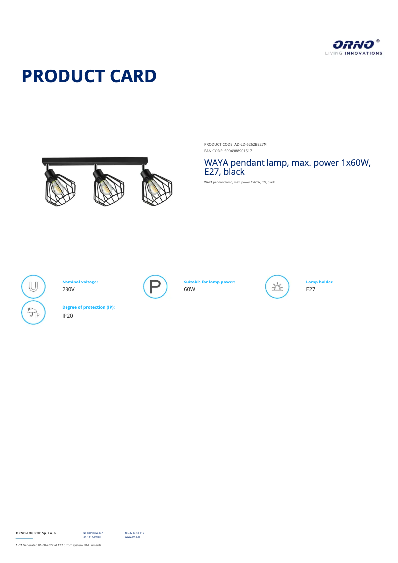 Página 1 del manual Ficha técnica Adviti AD-LD-6262BE27M