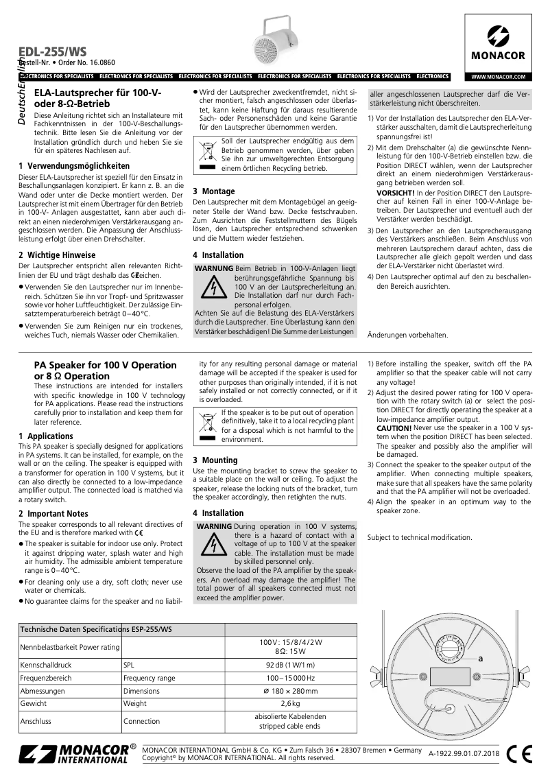 Imagen de la primera página del manual del dispositivo EDL-255/WS