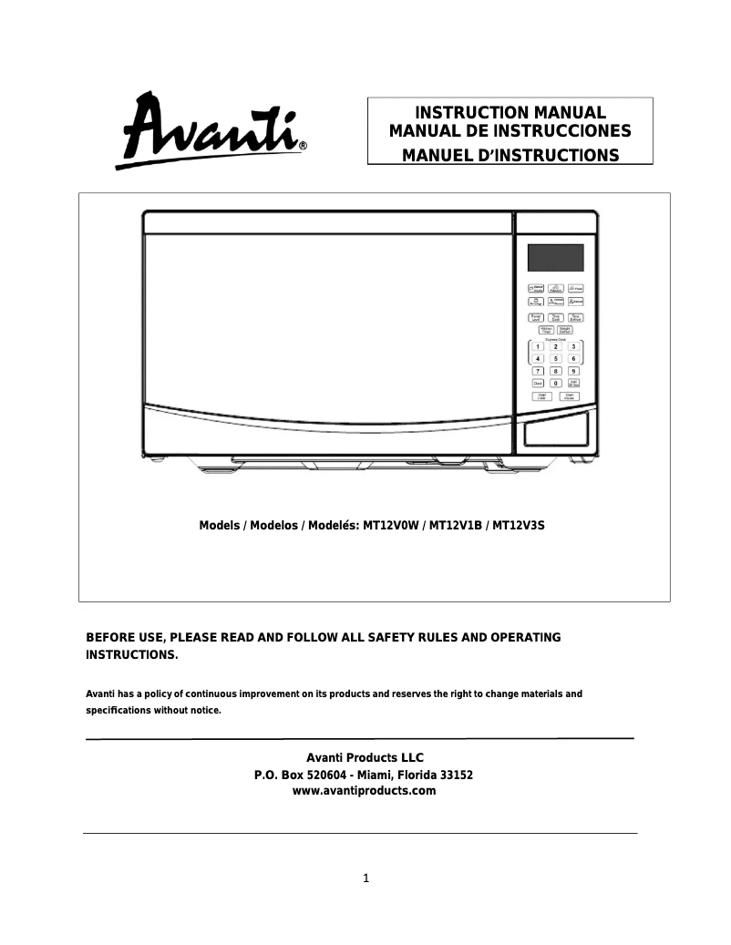 Página 1 del manual Manual de usuario Avanti MT12V0W
