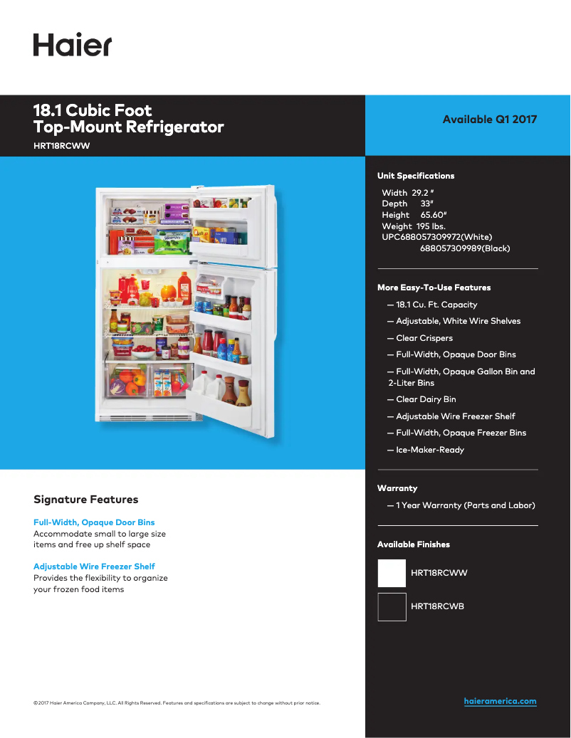 Imagen de la primera página del manual del dispositivo HRT18RCWW