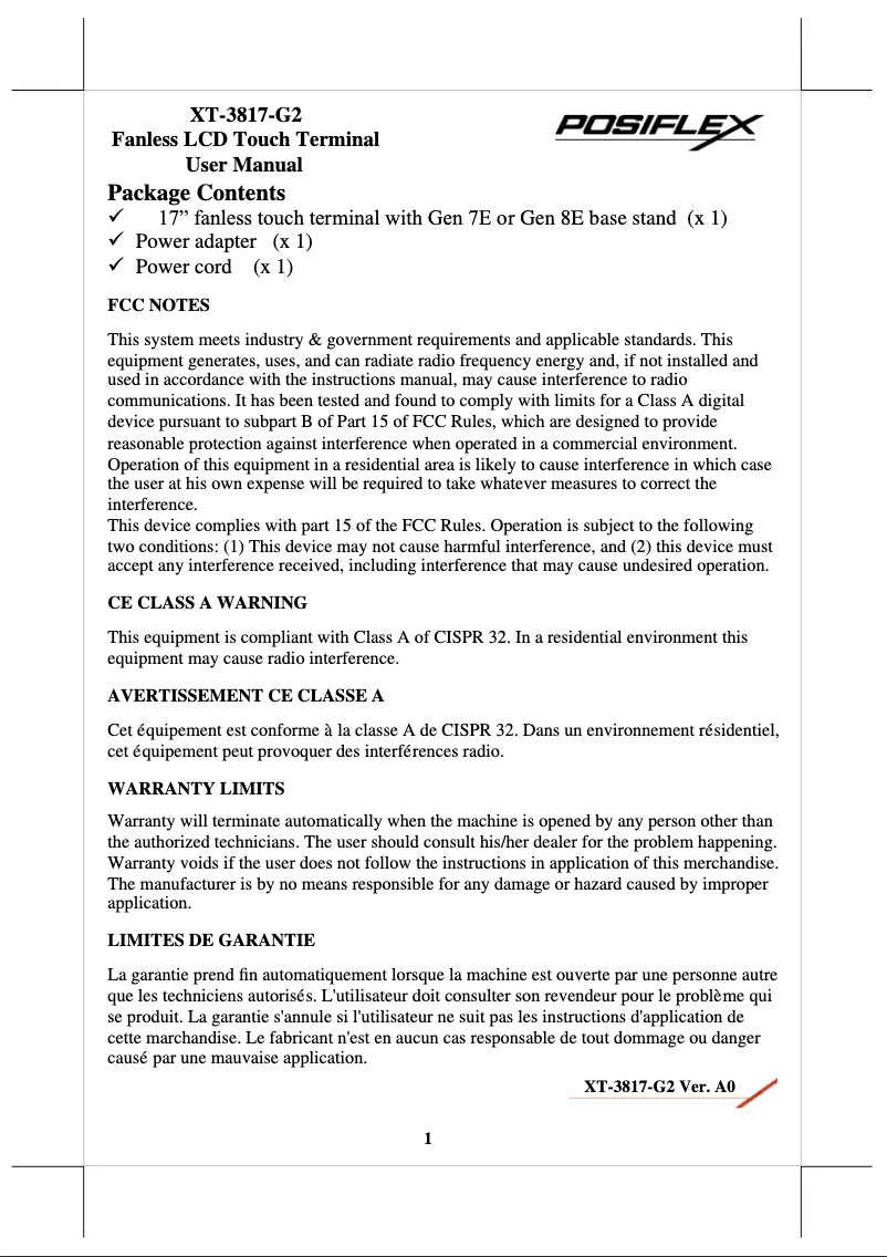 Página 1 del manual Manual de usuario Posiflex XT-3817-G2