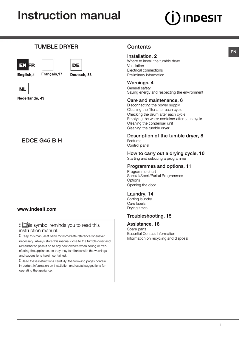 Imagen de la primera página del manual del dispositivo EDCE G45 B H (EU)