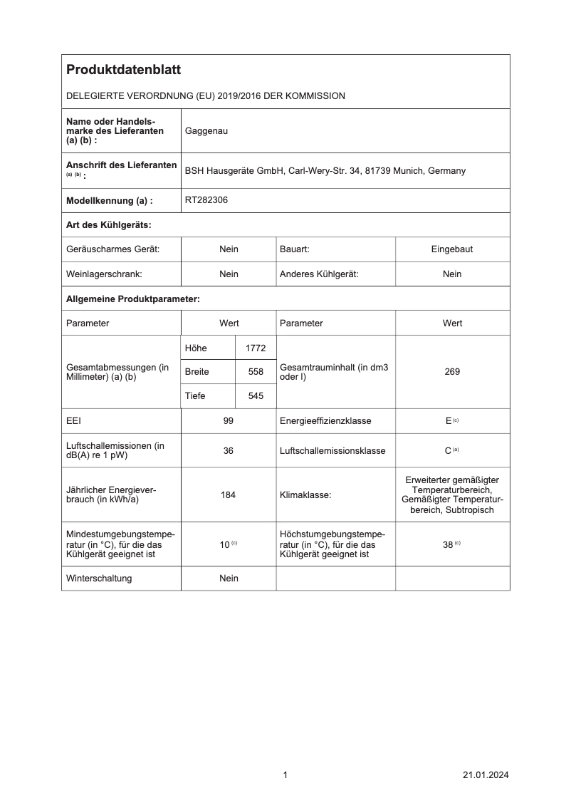 Página 1 del manual Ficha técnica Gaggenau RT282306