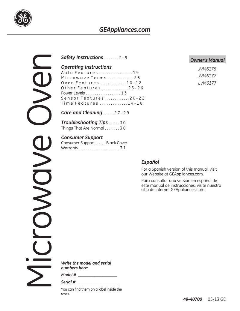 Imagen de la primera página del manual del dispositivo JVM6177DFWW