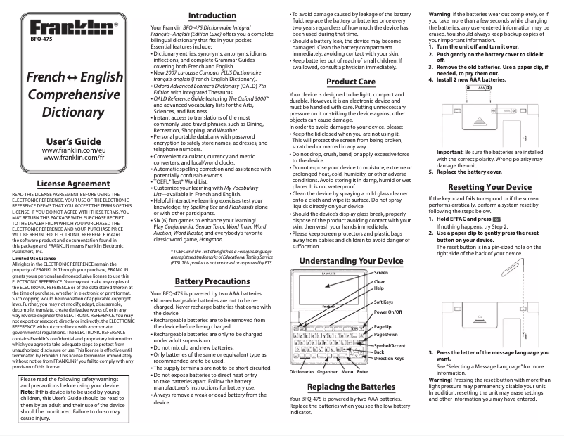 Imagen de la primera página del manual del dispositivo BFQ-475