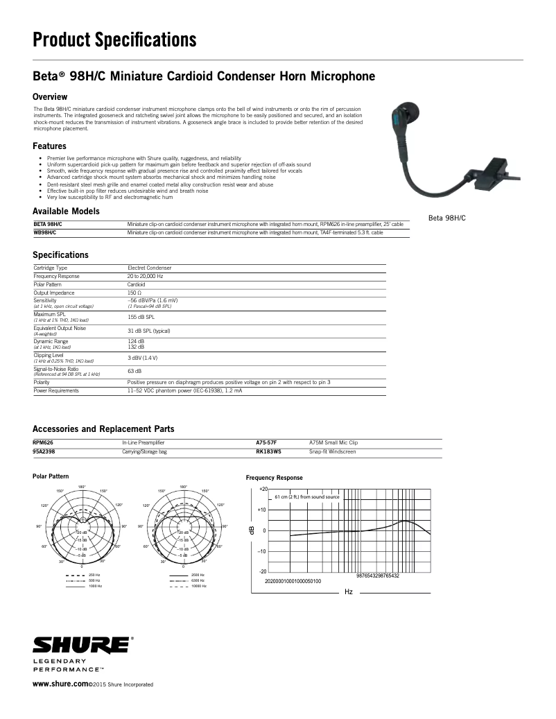 Página nº 1 - Ficha técnica Shure WB98H/C