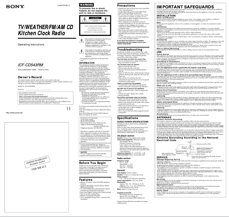Imagen de la primera página del manual del dispositivo ICF-CD543